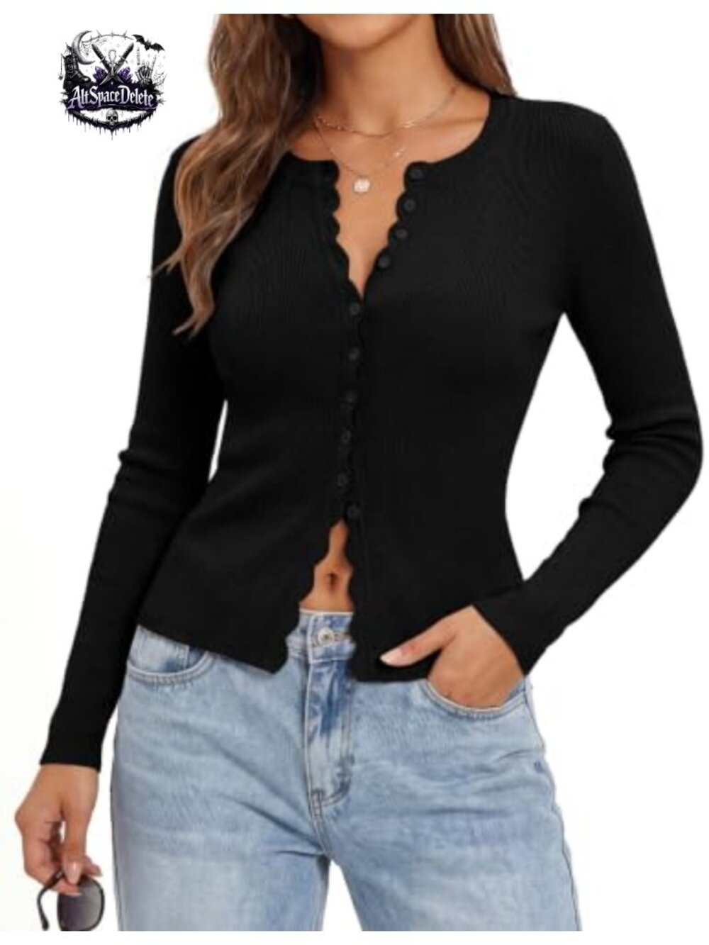 Womens Cropped Cardigan Button Up Scalloped Knit Top Fall Outfit